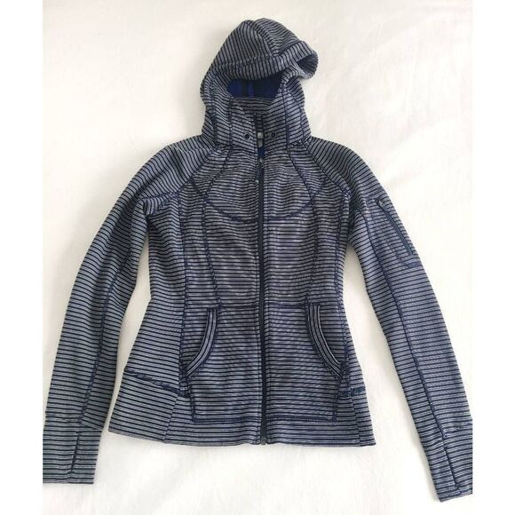 Athleta Full‎ Zip Hoodie Women's 2XS Blue Striped Fleece Lined Polyester Blend - Picture 1 of 7